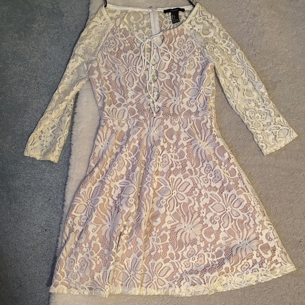 Forever 21 Cream Lace Long Sleeve Fit & Flare Dress
